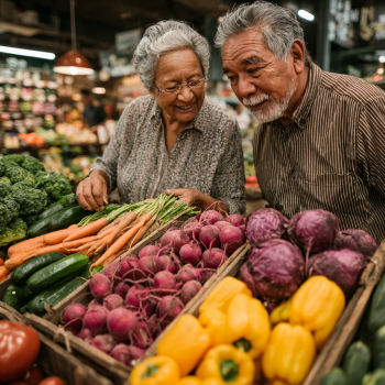 Adultos mayores preparando comida saludable